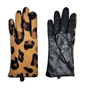 New Chicos Black Label Leopard Gloves‎ S Black Leather Pony Hair Mob Wife Chic